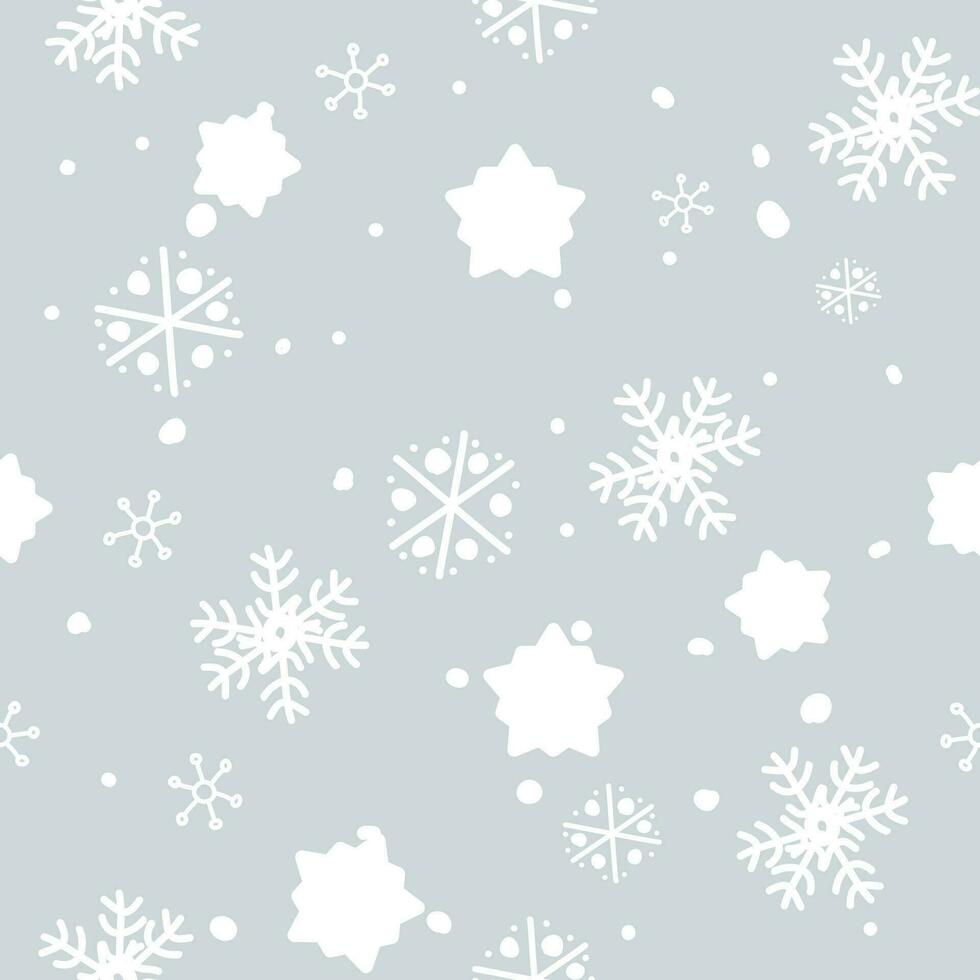 Seamless pattern, cute white snowflakes on gray background. New year texture for printing, wrapping paper, design, fabric, decoration, gift, background. vector