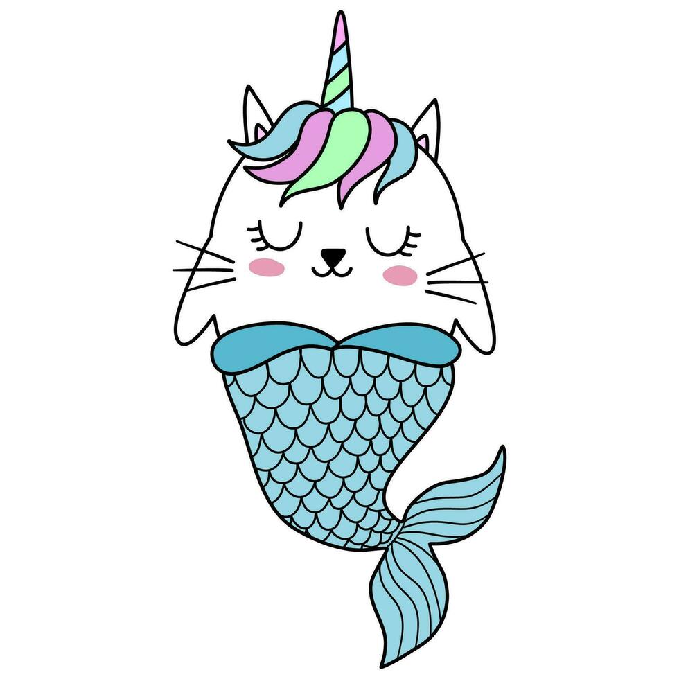 linda sirena dibujos animados sirena unicornio gato en blanco antecedentes vector