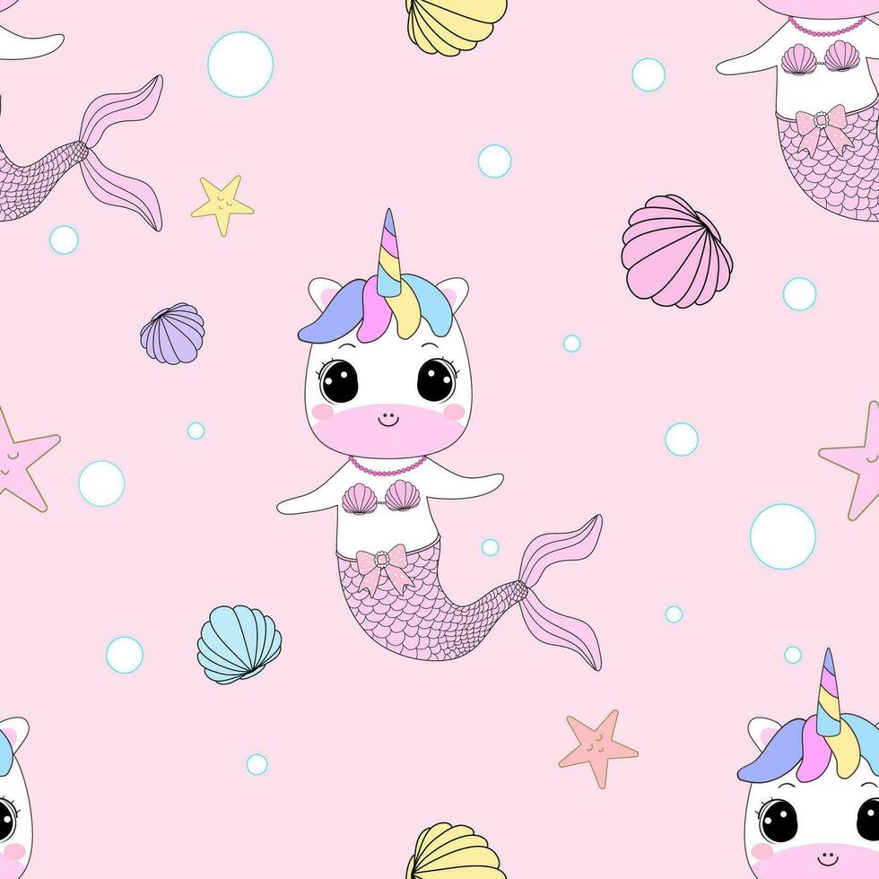 Cute unicorn mermaid, seamless pattern decorated with pearl shells, starfish and sponges on a pastel pink background. vector