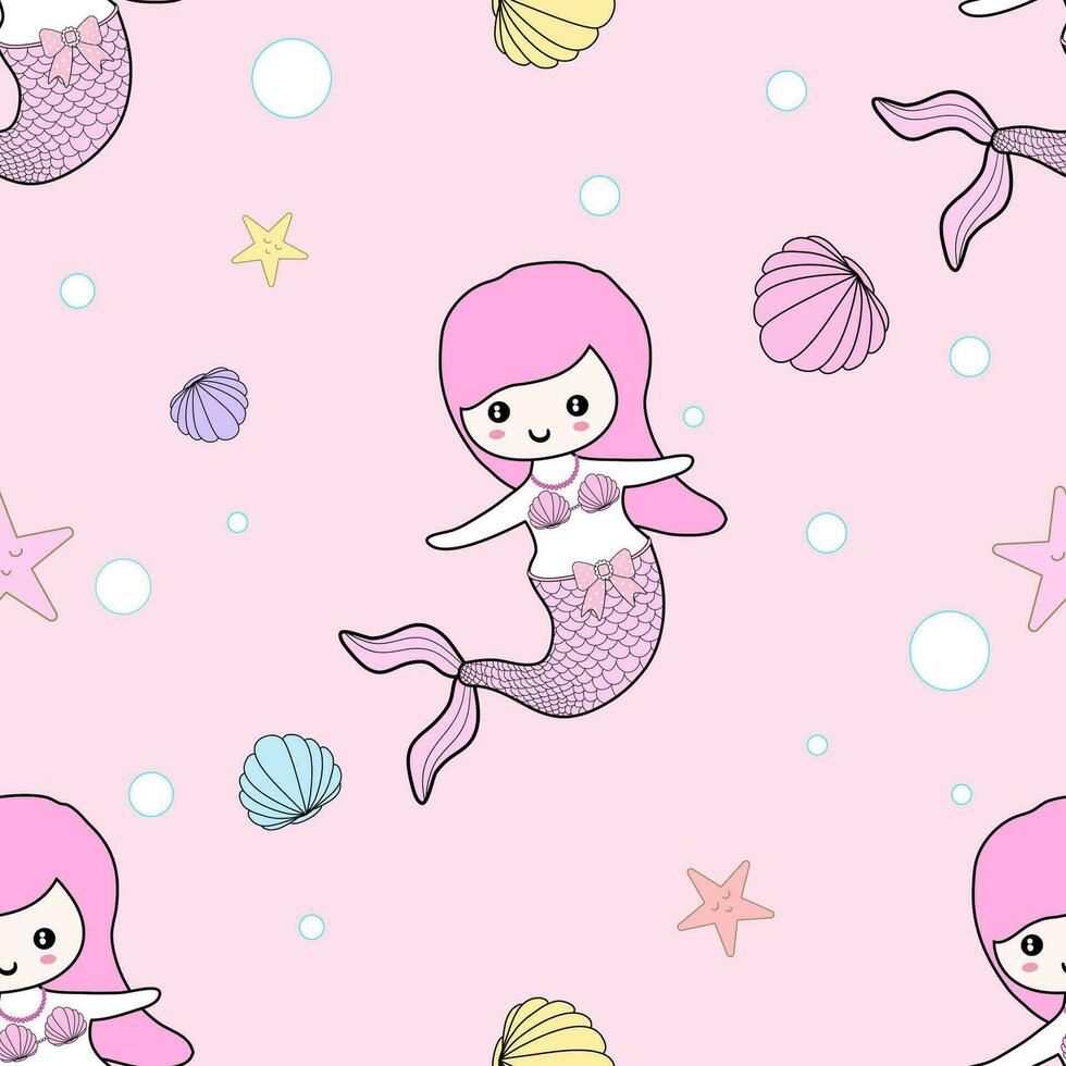 Cute mermaid, seamless pattern decorated with seashells, starfish, sponges on a pastel pink background. vector