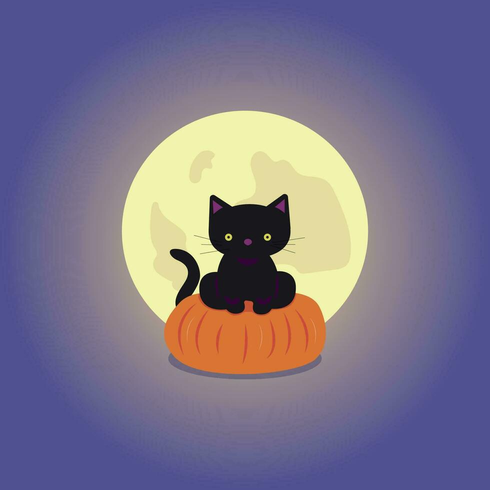 Vector illustration of a black cat on a pumpkin