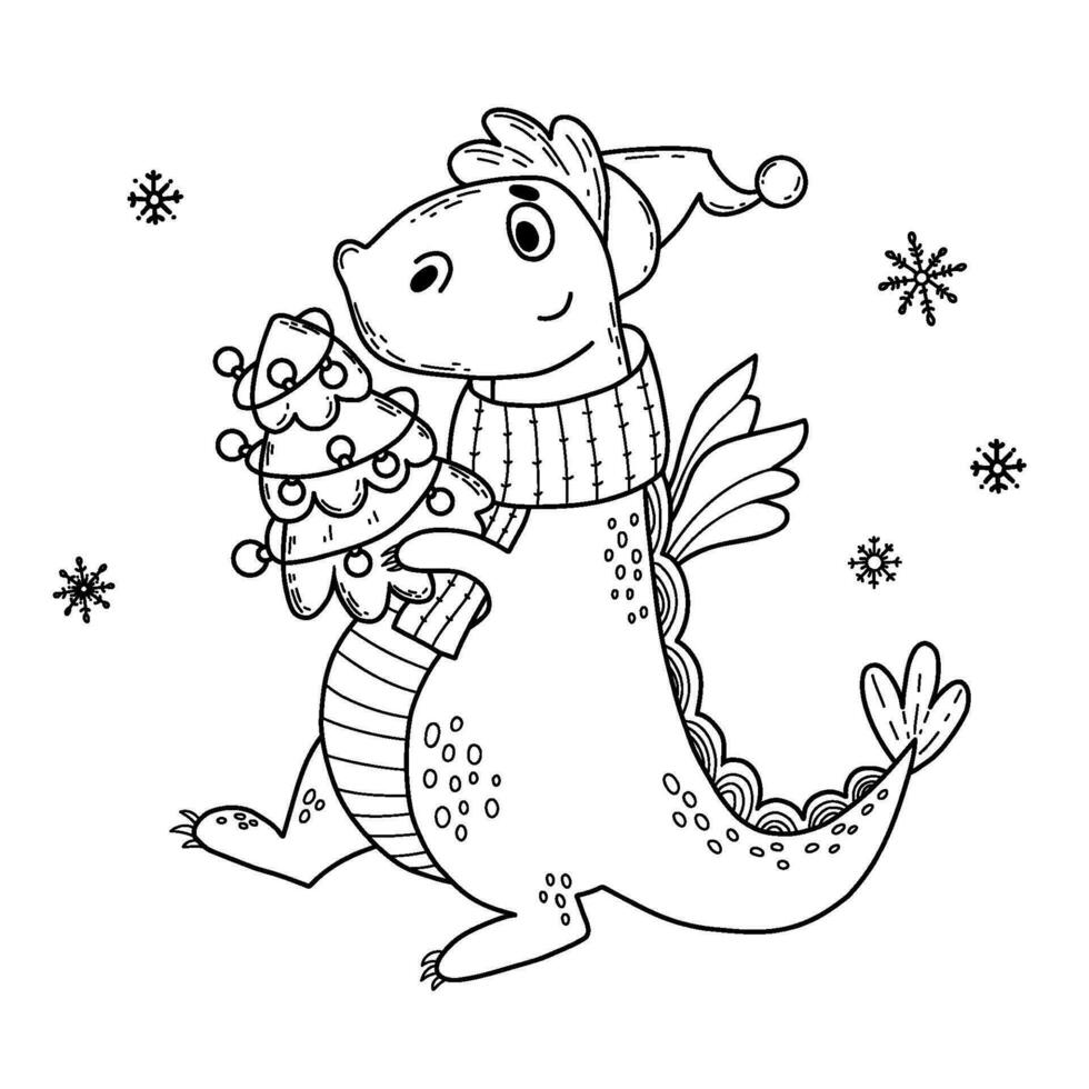 Funny winter character dragon santa with Christmas tree. Vector illustration. outline hand drawing.2024 year dragon according to eastern calendar. Xmas design, holiday card