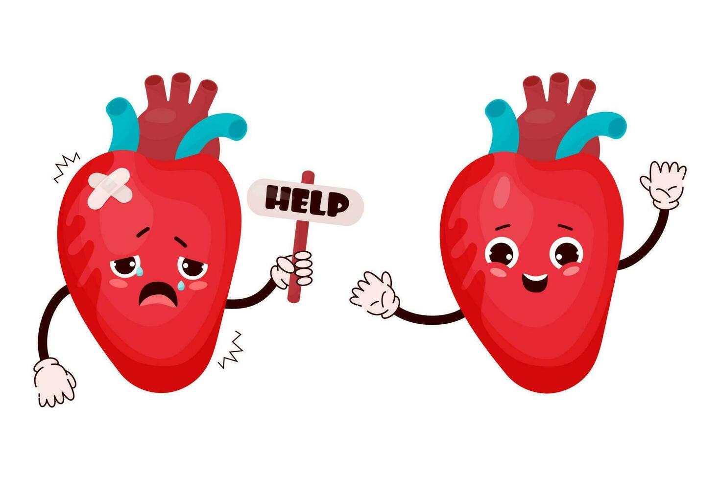 Cute cartoon heart with different emotions. Happy human organ character and sad sick crying and asking for help. Vector illustration. Mascot in cartoon style isolated on white background.
