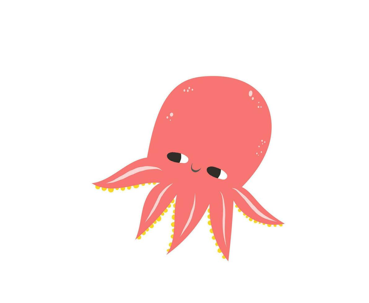 Vector illustration of a cute octopus. Flat style. Cute octopus with big eyes. Mollusk with tentacles. Sea and ocean theme