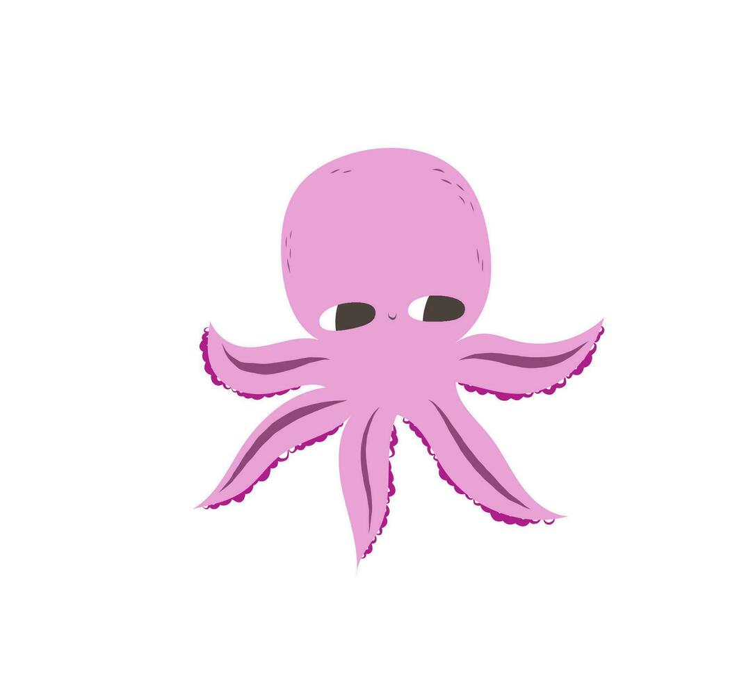 Vector illustration of a cute octopus. Flat style. Cute octopus with big eyes. Mollusk with tentacles. Sea and ocean theme