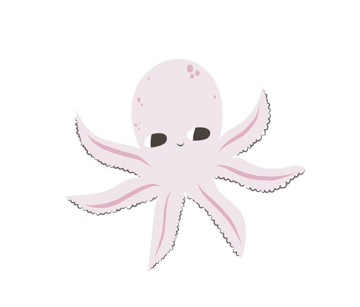 Vector illustration of a cute octopus. Flat style. Cute octopus with big eyes. Mollusk with tentacles. Sea and ocean theme