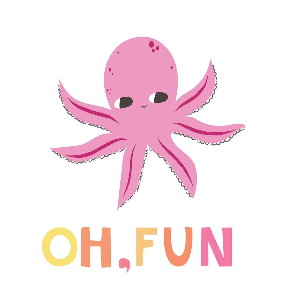 Vector illustration of a cute octopus. Flat style. Cute octopus with big eyes. Mollusk with tentacles. Sea and ocean theme