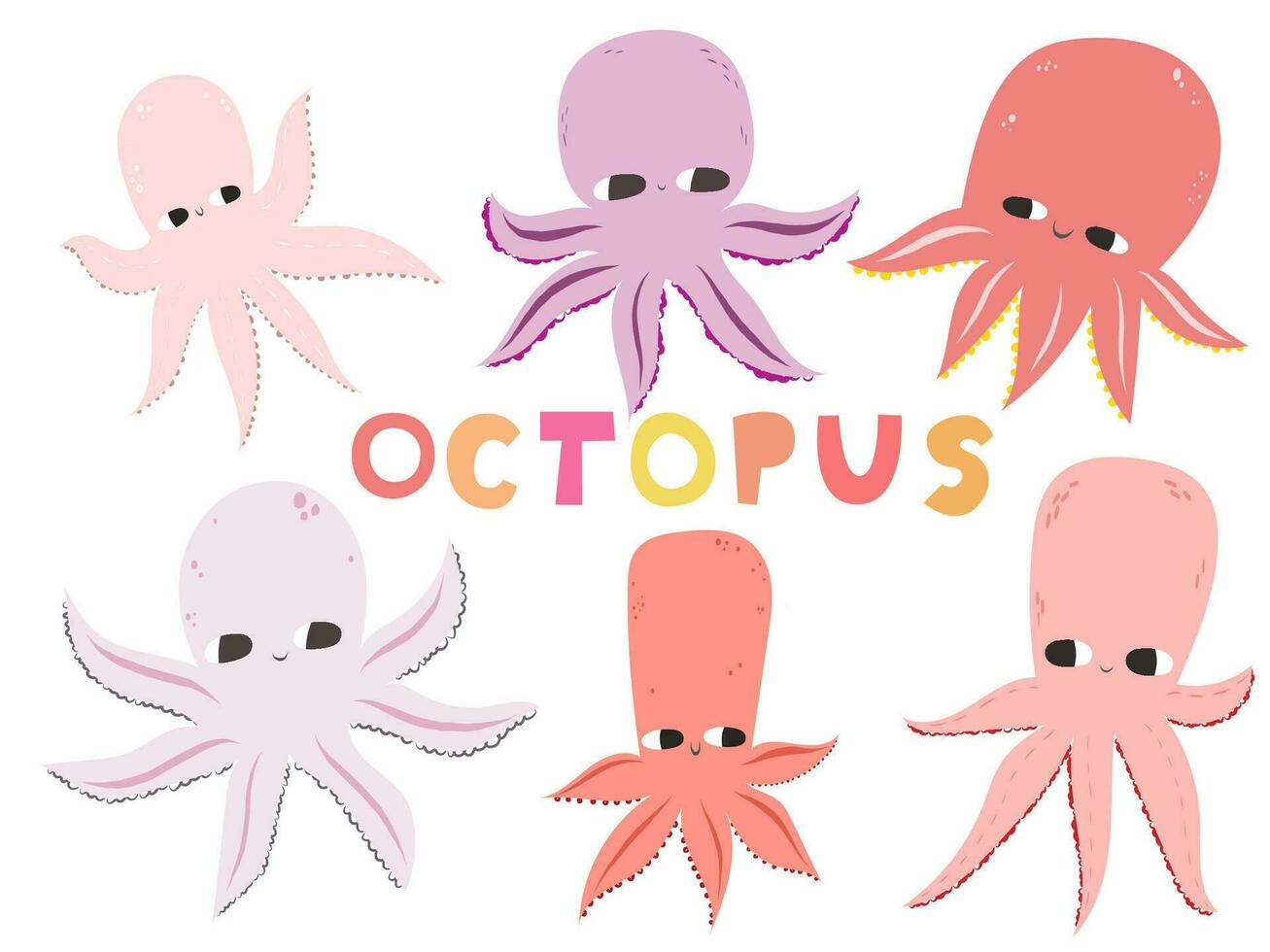 Vector illustration of a cute octopus. Flat style. Cute octopus with big eyes. Mollusk with tentacles. Sea and ocean theme