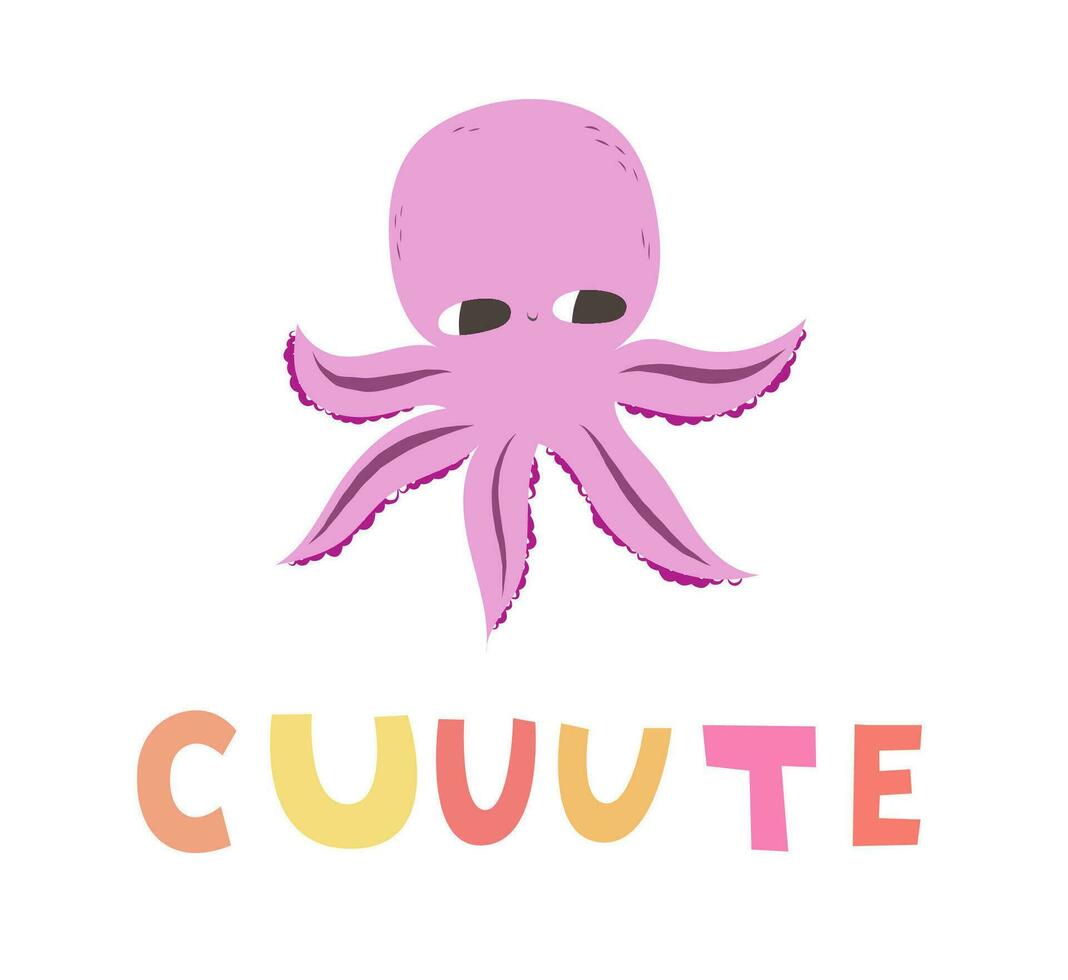 Vector illustration of a cute octopus. Flat style. Cute octopus with big eyes. Mollusk with tentacles. Sea and ocean theme