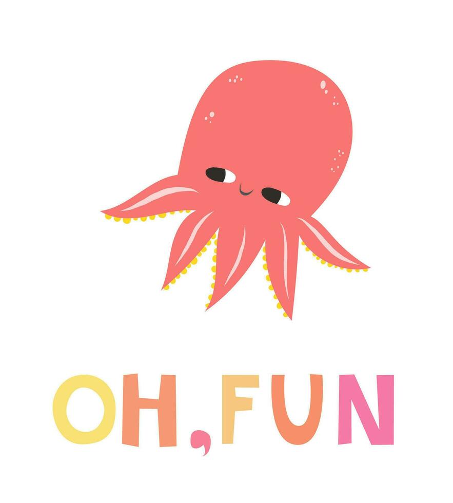 Vector illustration of a cute octopus. Flat style. Cute octopus with big eyes. Mollusk with tentacles. Sea and ocean theme