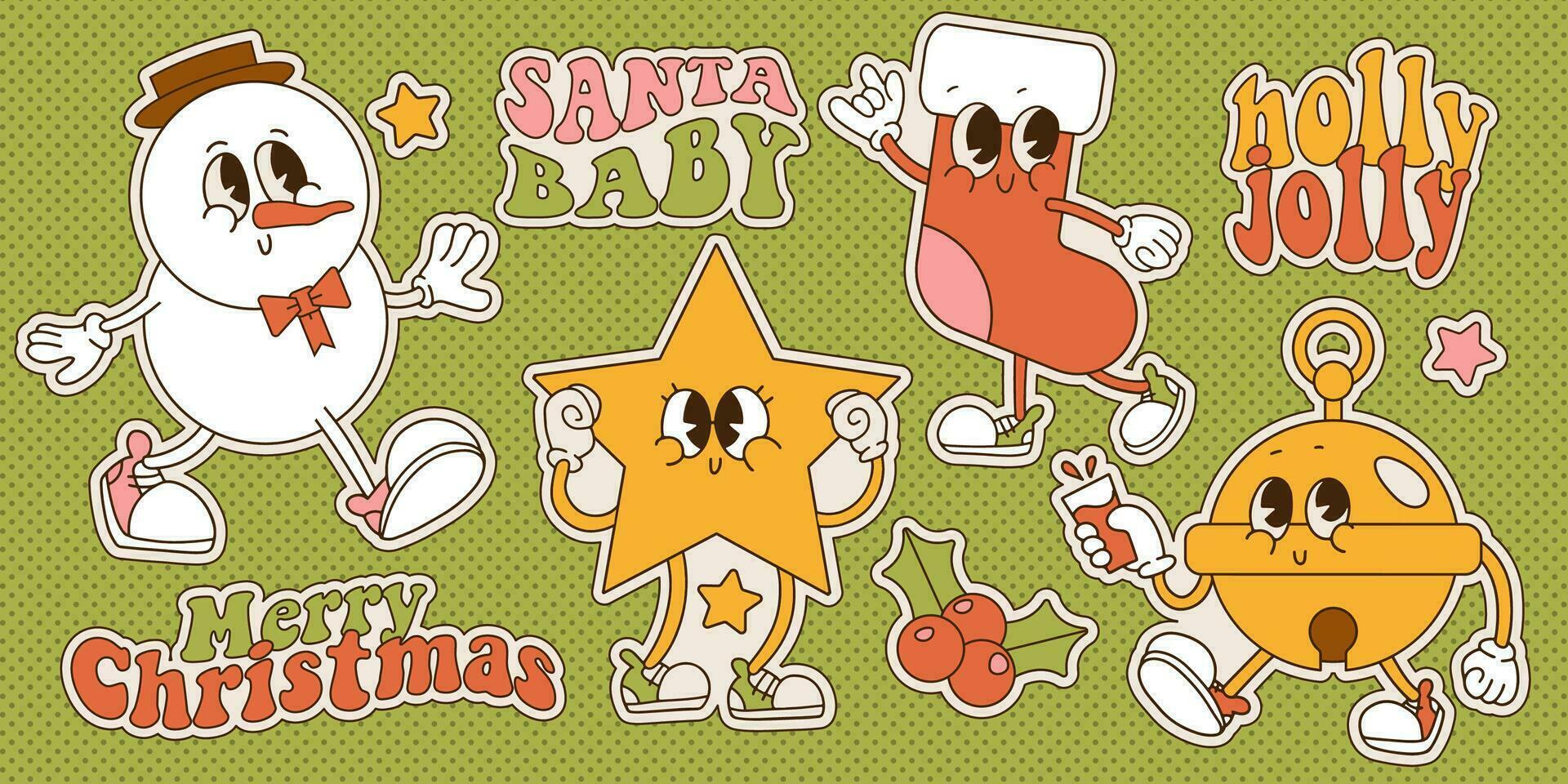 Merry Christmas retro collection 40s cartoon mascot characters. Snowman, Christmas tree, Santa Claus, holiday elements. 50s, 60s old animation style. Vintage vector. Cheerful, happy emotions. Isolated vector