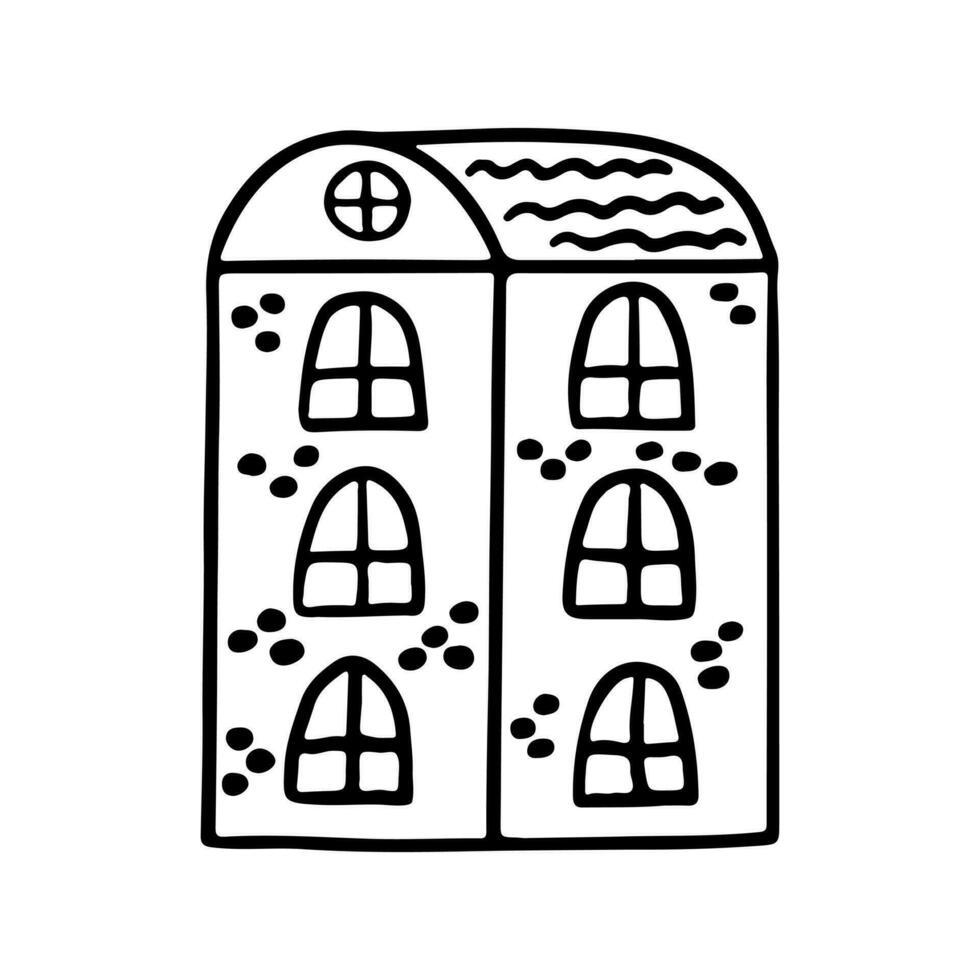 House building in hand drawn doodle style. Vector Icon. Architecture, construction, village, homepage. Coloring book page for kids.