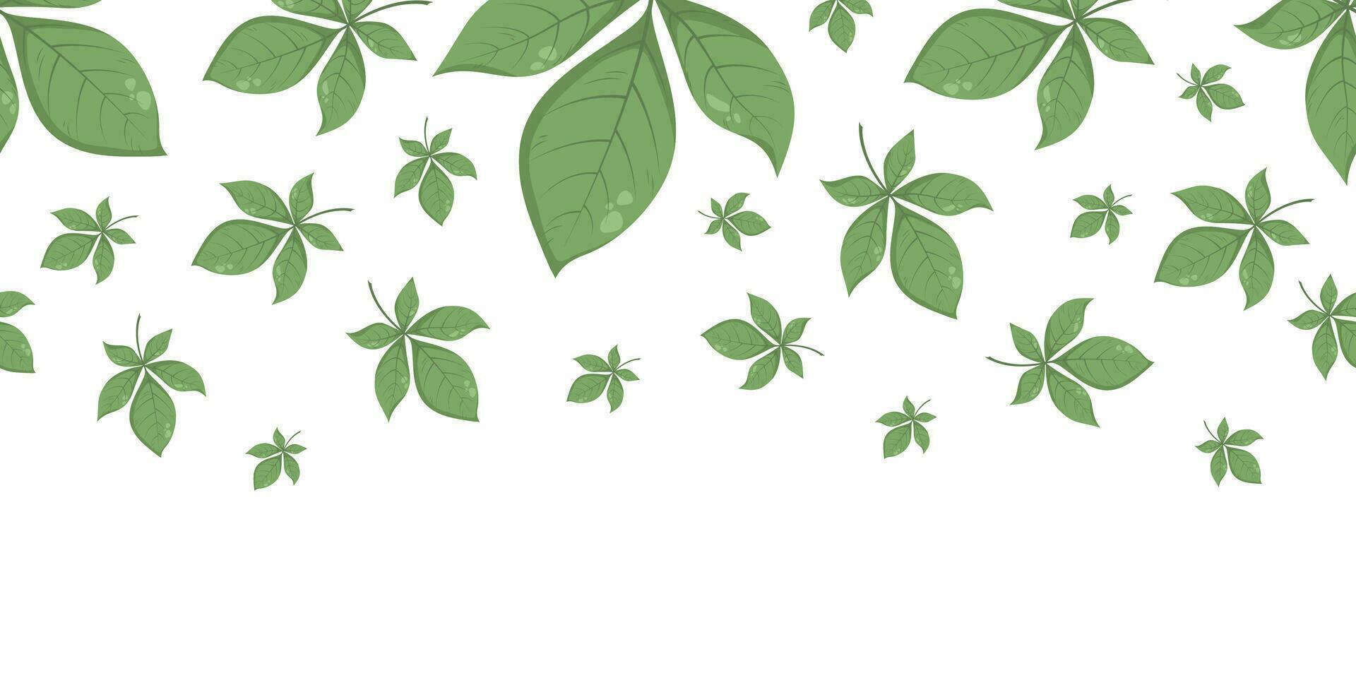 Seamless horizontal banner pattern with autumn fall green leaves of chestnut. Perfect for wallpaper, wrapping paper, web sites, background, social media, blog and greeting cards, advertising vector