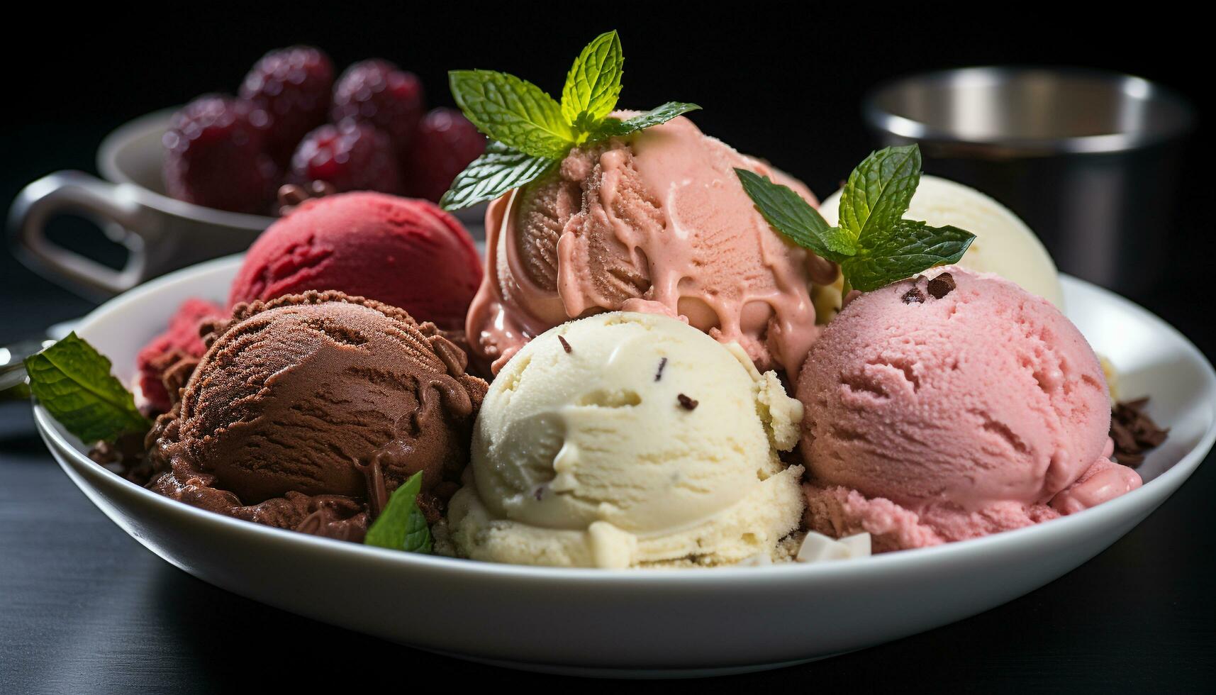 Indulgent gourmet dessert Mint ice cream, chocolate, strawberry, raspberry scoop generated by AI photo