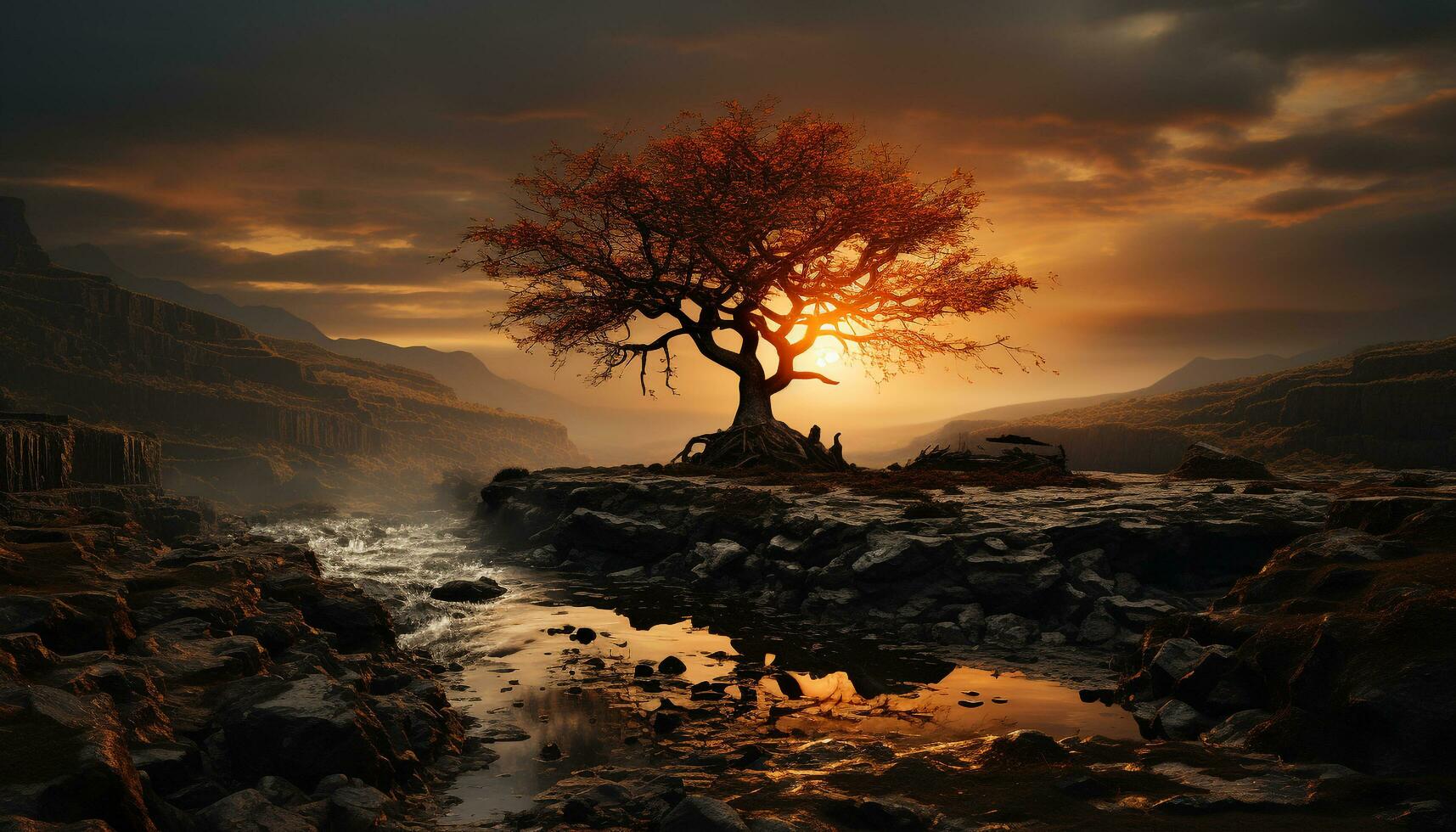 Tranquil scene sunset paints sky, reflecting beauty in nature generated by AI photo