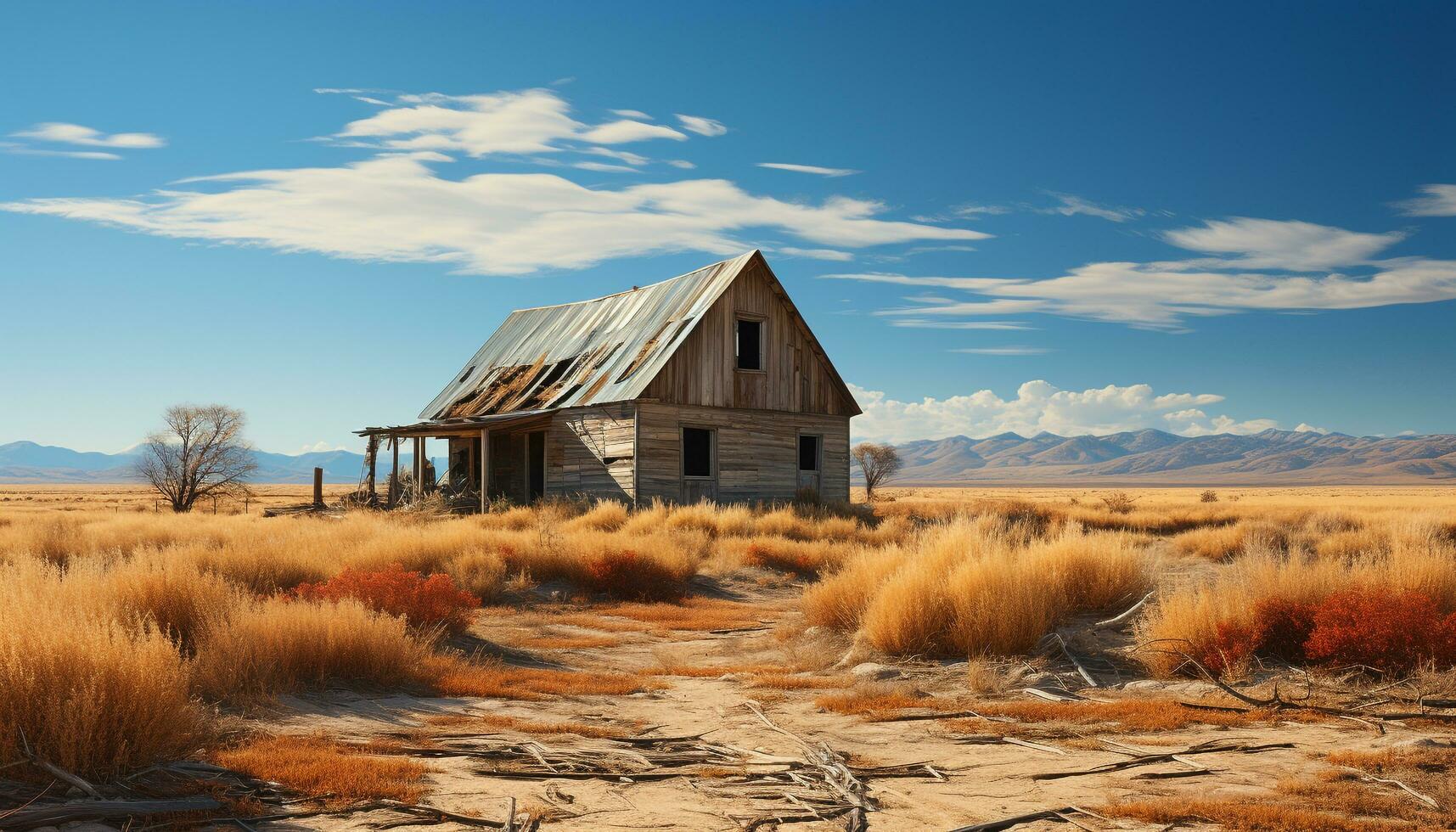 Tranquil scene Rustic hut on remote mountain meadow, surrounded by nature generated by AI photo