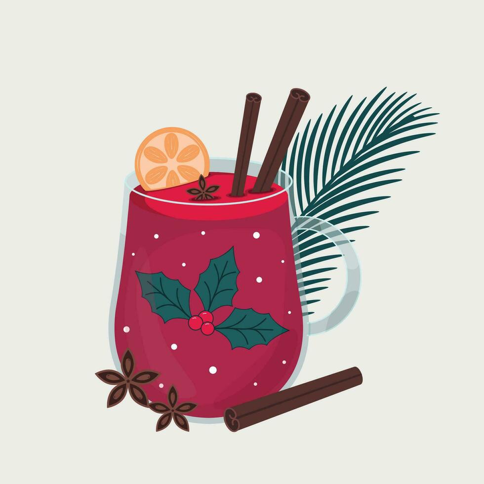 Christmas hot drink Mulled wine with cinnamon sticks, a slice of orange in a glass and with decorations vector