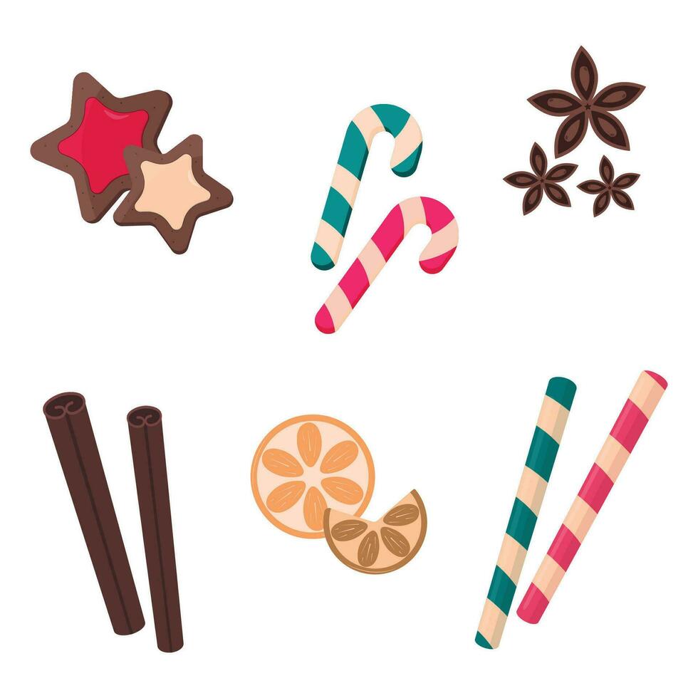 Christmas set of decorations for drinks. Cocktail tubes, a slice of orange, cookies, cinnamon sticks, candy cane, anise. vector