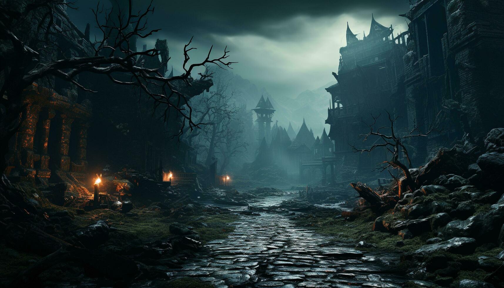 Spooky night, dark forest, old tombstone, evil ghost walking generated by AI photo