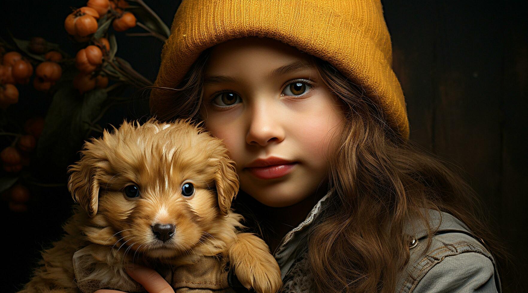 Cute small dog and child embrace, love nature outdoors generated by AI photo