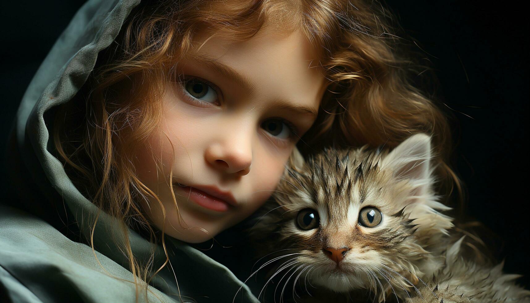 Cute child embraces small kitten, innocence and love captured generated by AI photo