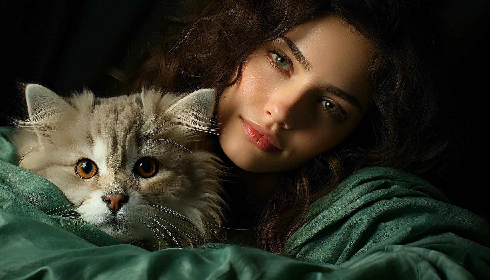 Cute woman smiling, embracing kitten, radiating love and happiness generated by AI photo