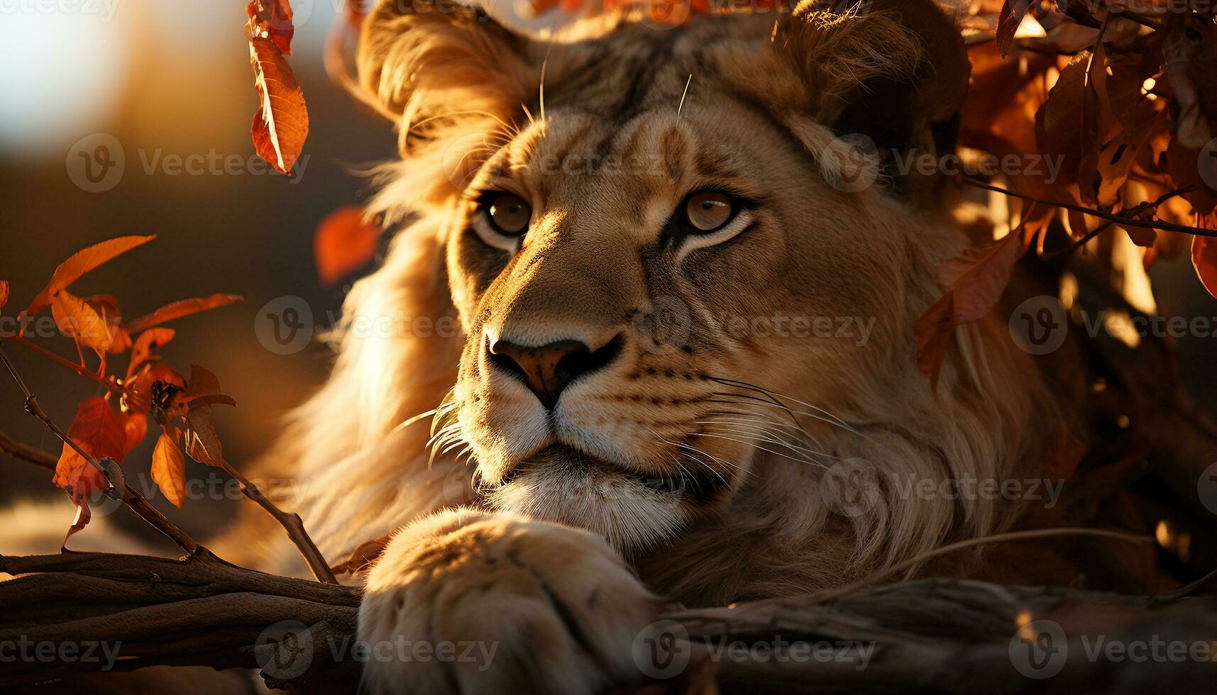 Majestic lion hiding in the wilderness, looking away generated by AI photo