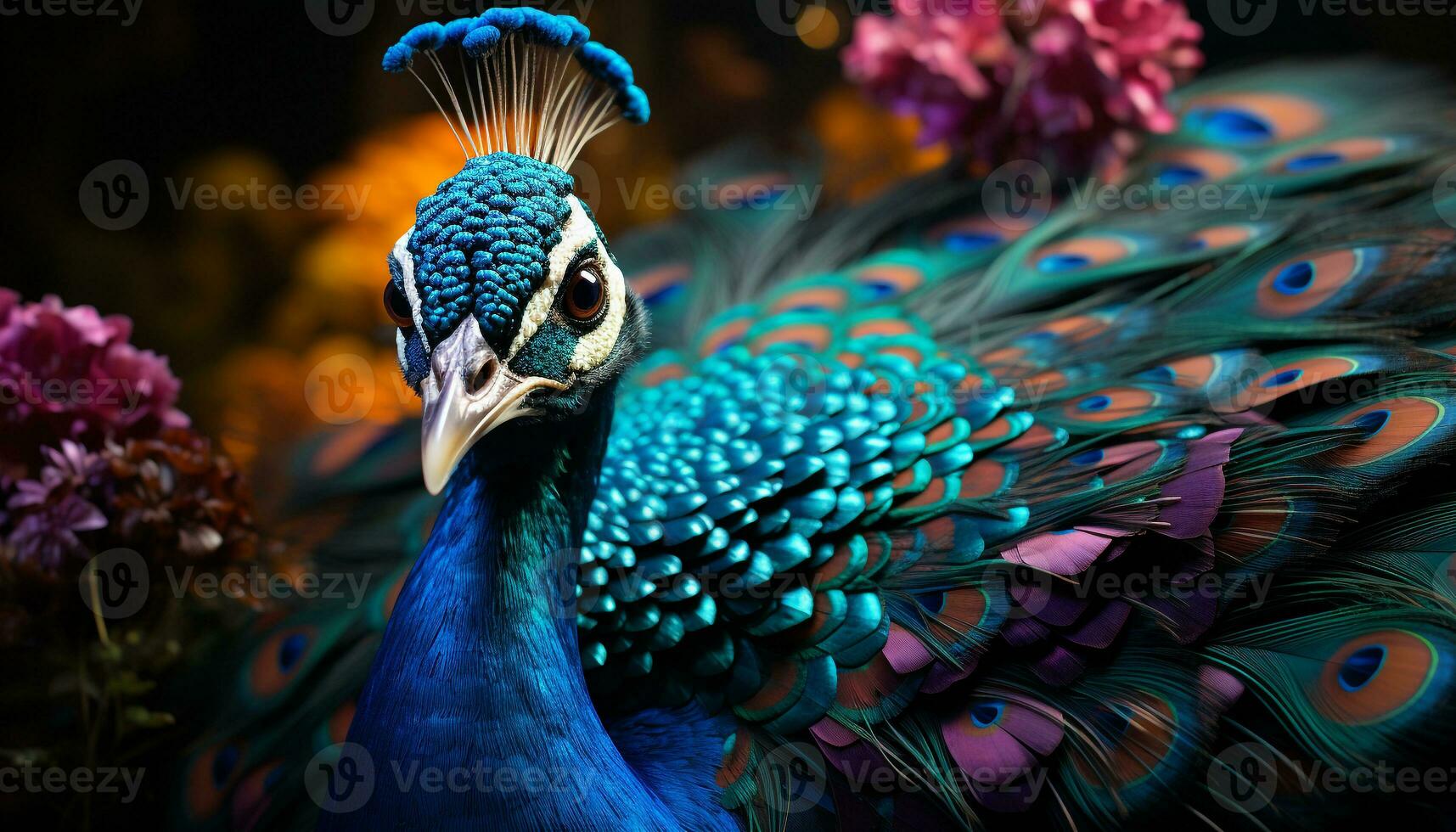 The majestic peacock displays vibrant colors in nature generated by AI photo