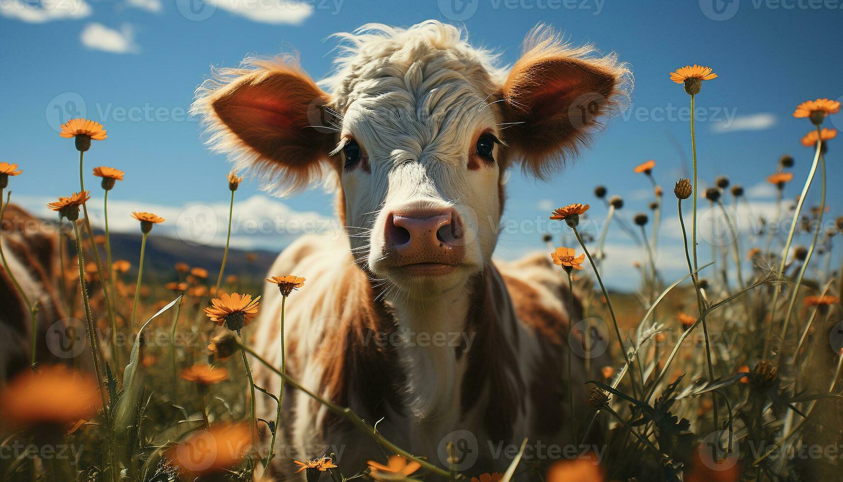 Cute cow grazing in green meadow, enjoying summer outdoors generated by AI photo