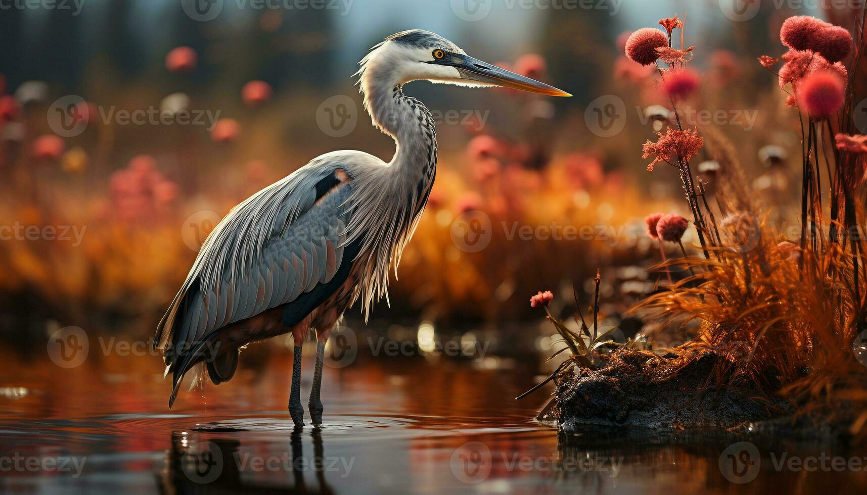 Egret perching on branch, reflecting in tranquil pond generated by AI photo