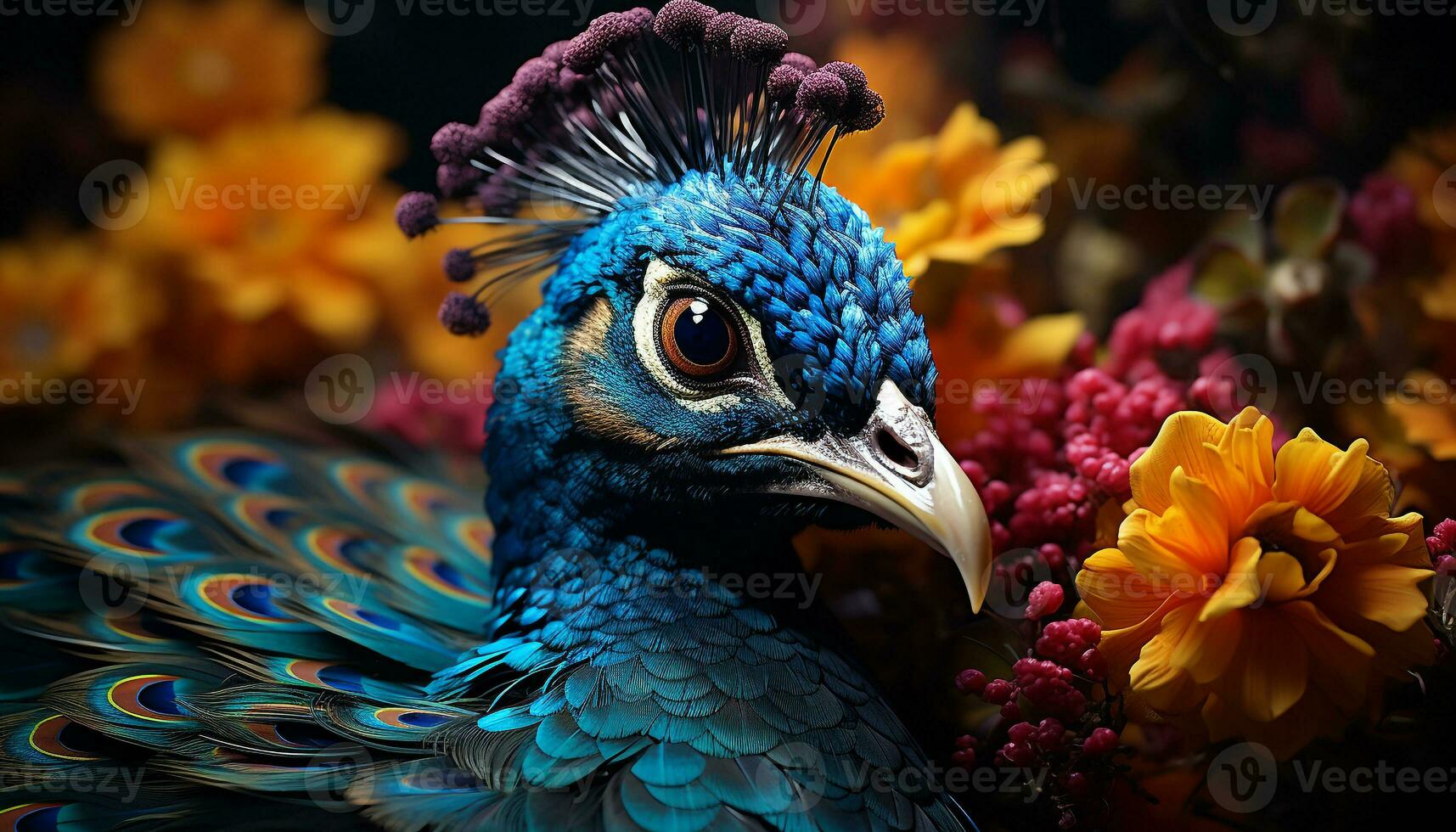 Majestic peacock displays vibrant colors in nature beauty generated by AI photo
