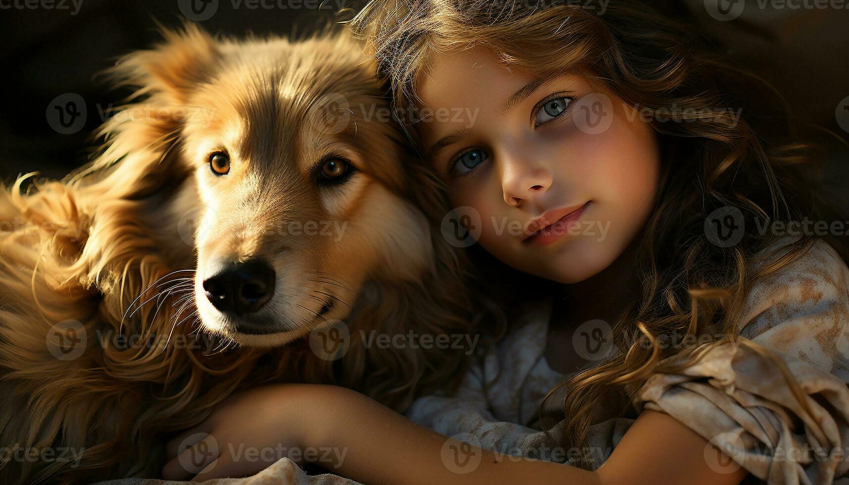 linda niño sonriente, abrazando juguetón cachorro, puro alegría y amor generado por ai foto
