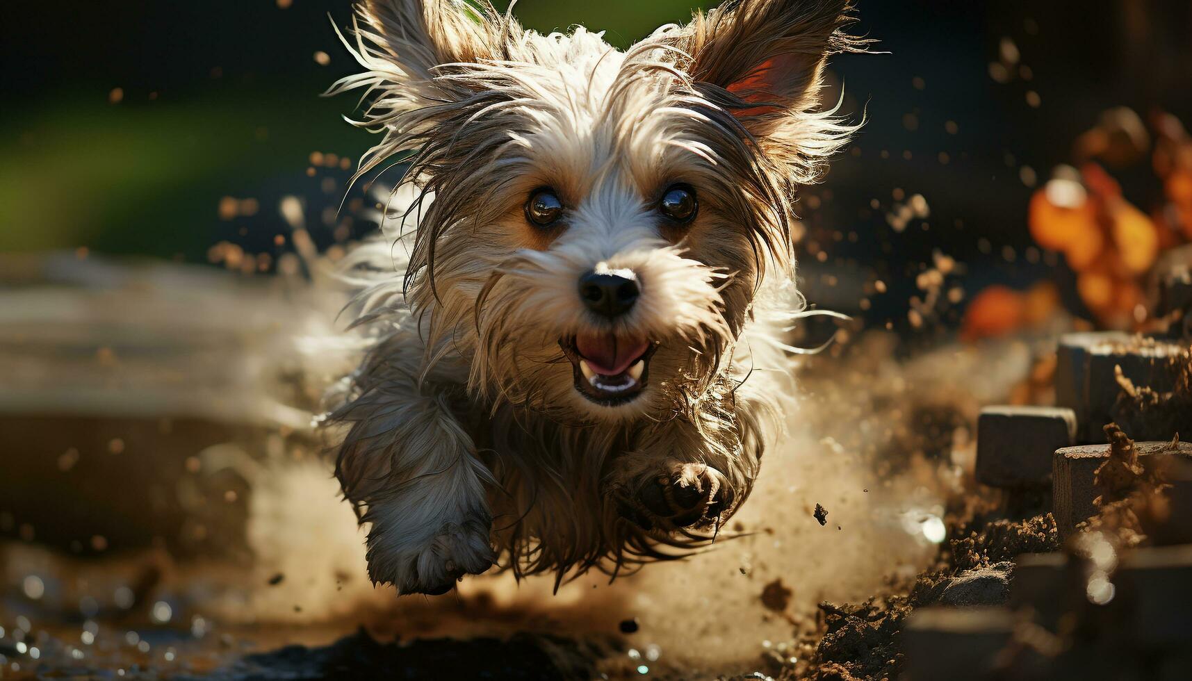 Cute puppy running, splashing, playing in wet grass outdoors generated by AI photo