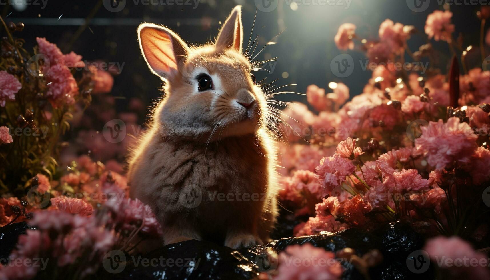 Cute fluffy baby rabbit sitting in grass, looking at camera generated by AI photo