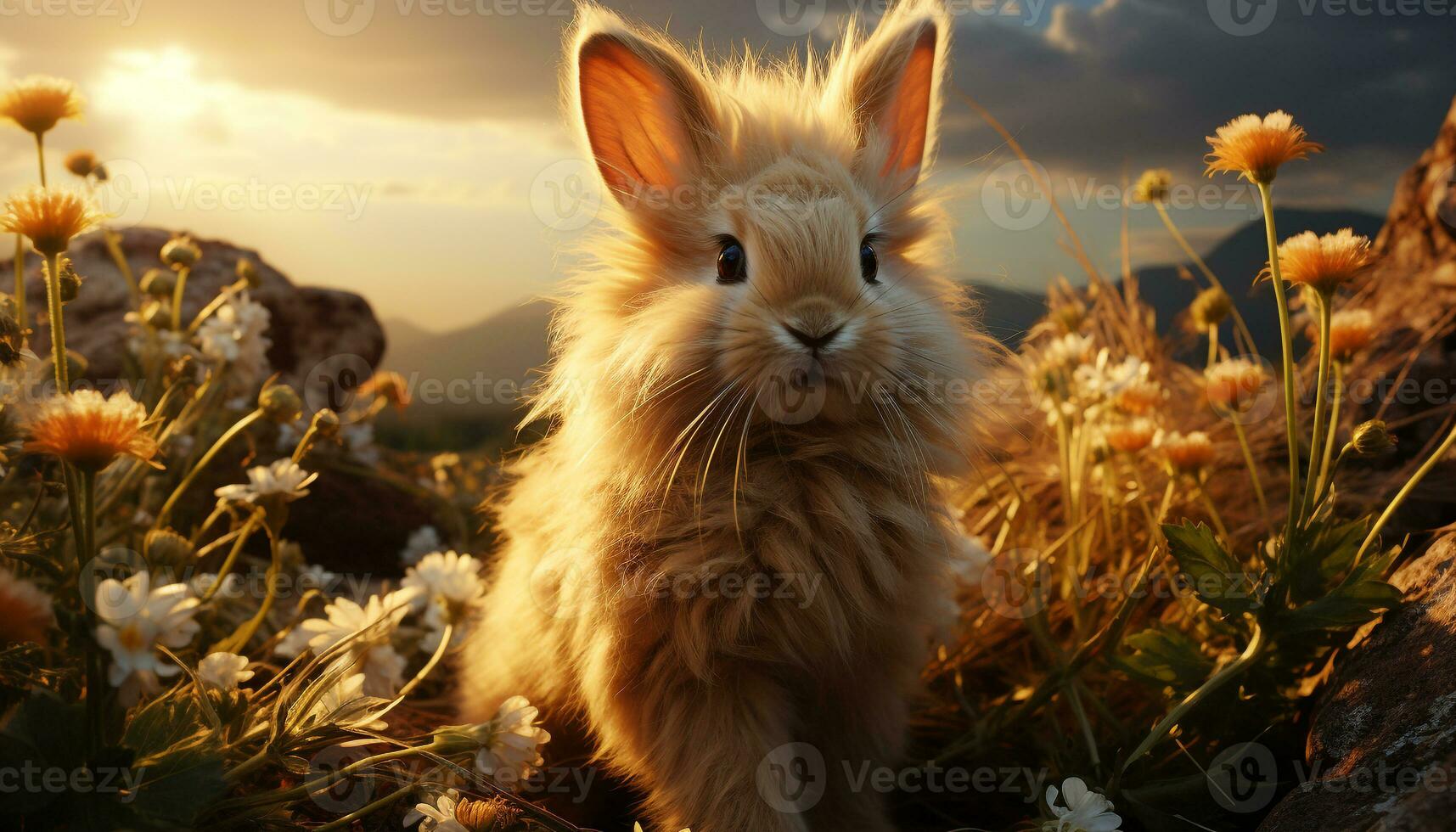 Cute small fluffy rabbit sitting in the grass generated by AI photo