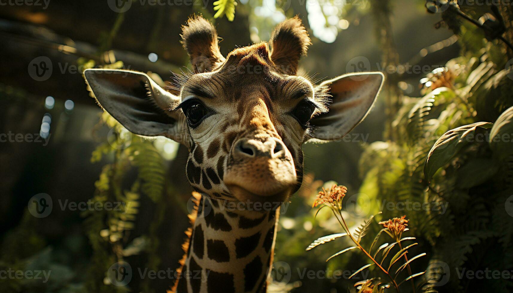 Giraffe looking cute, standing in green meadow, grazing generated by AI photo