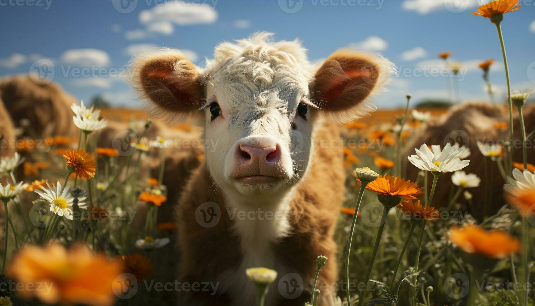 Cute cow grazing in green meadow, looking at camera generated by AI photo