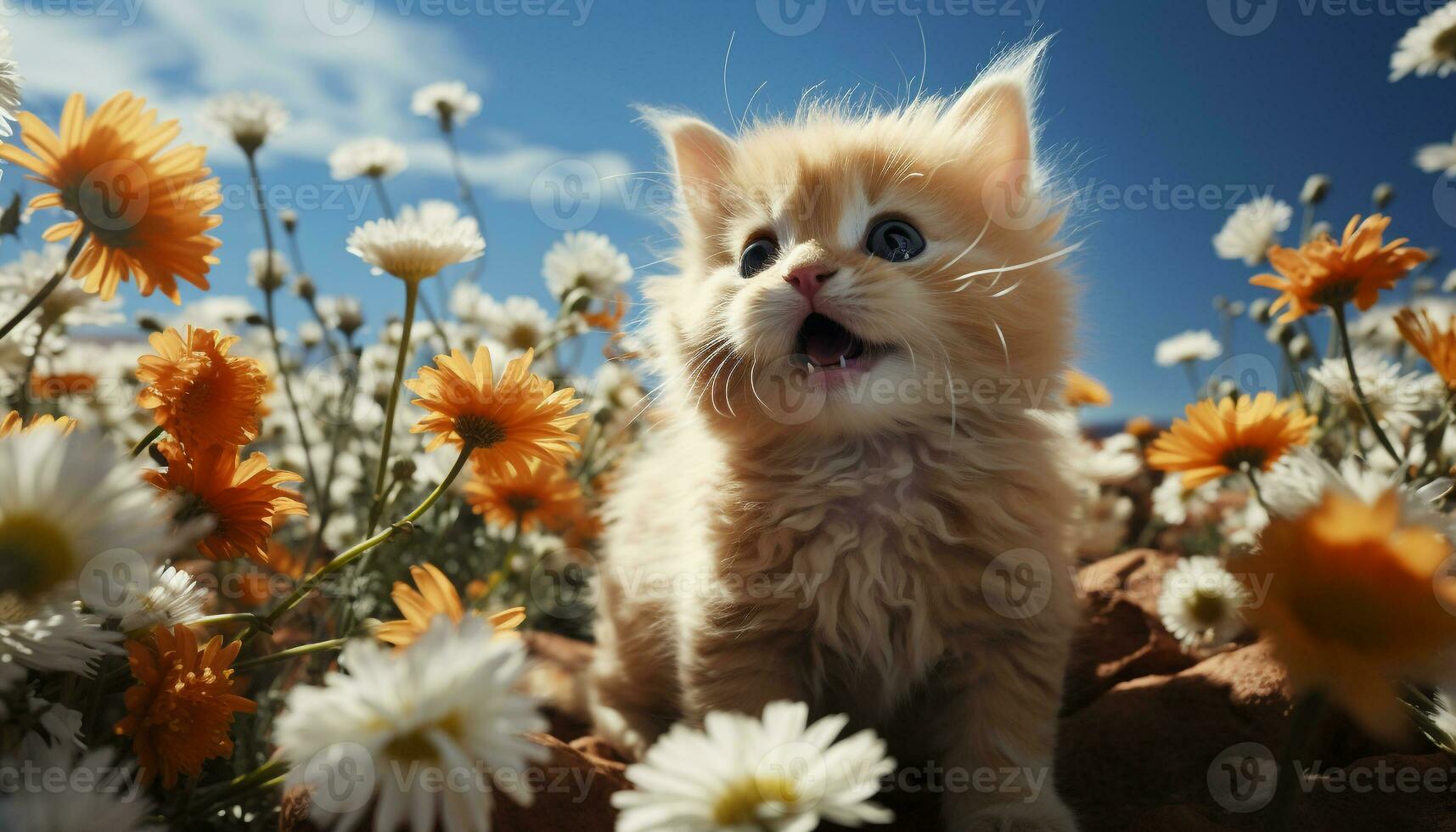 Cute kitten sitting in grass, playful with chamomile flower generated by AI photo