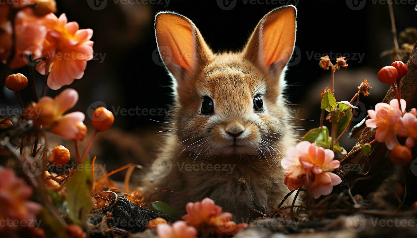 Fluffy baby rabbit sitting in grass, surrounded by flowers generated by AI photo
