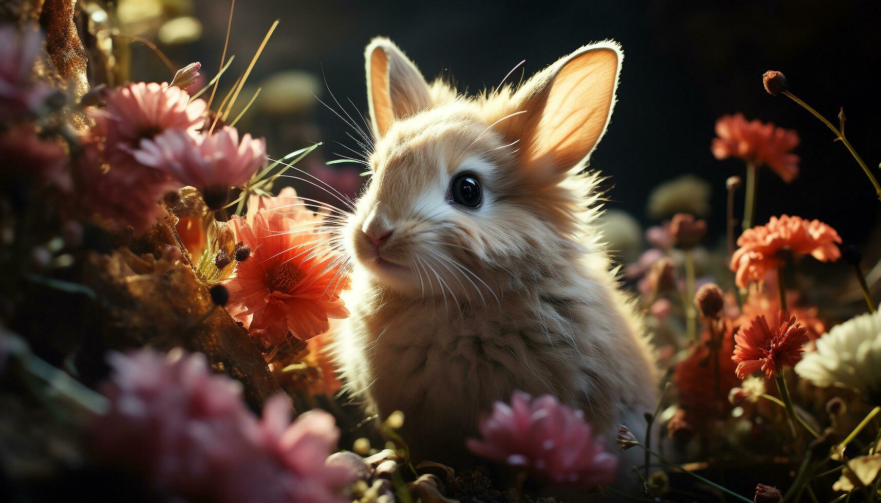 Fluffy baby rabbit sitting in grass, enjoying the outdoors generated by AI photo
