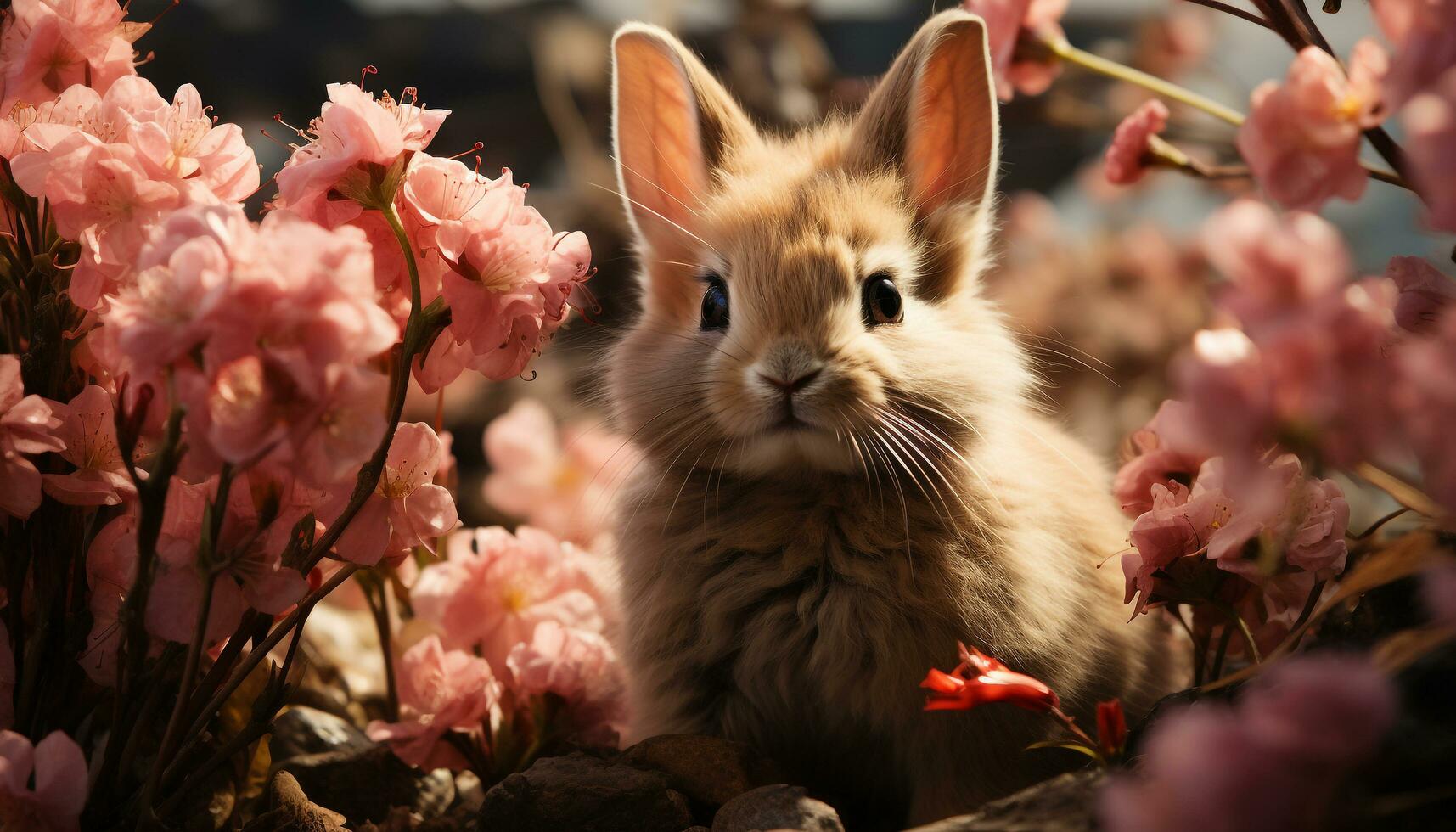 A fluffy baby rabbit sitting in the grass, looking at a pink flower generated by AI photo