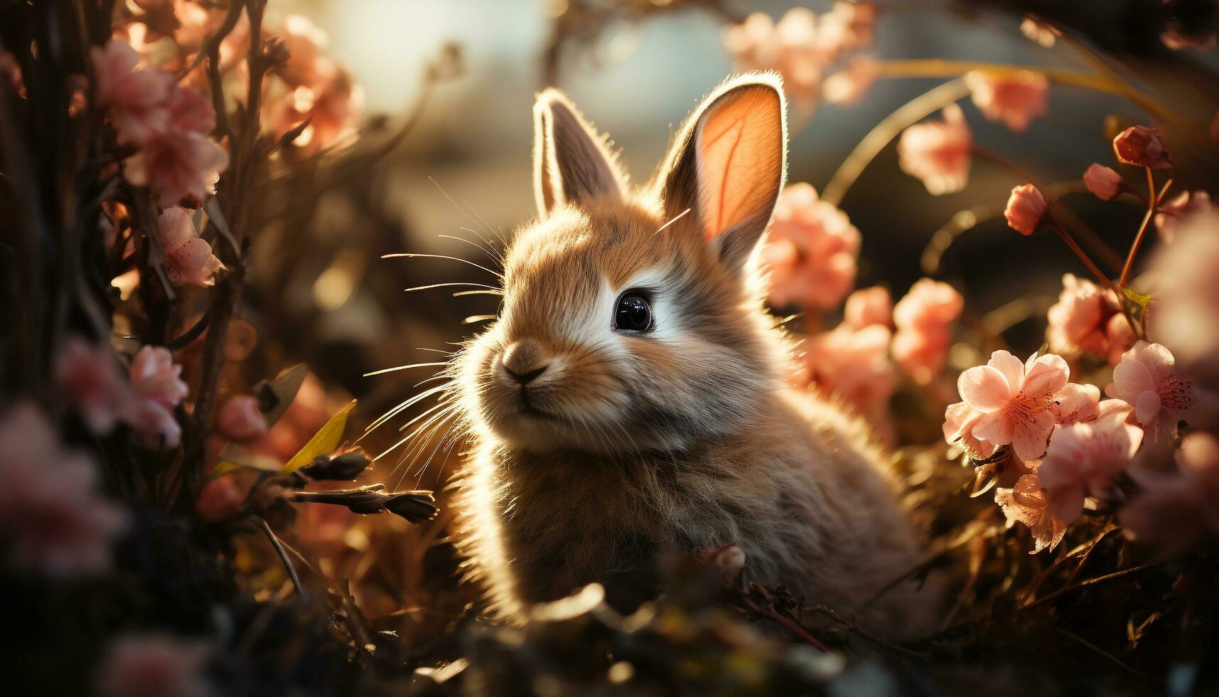 Fluffy small rabbit sitting outdoors, looking at yellow flower generated by AI photo