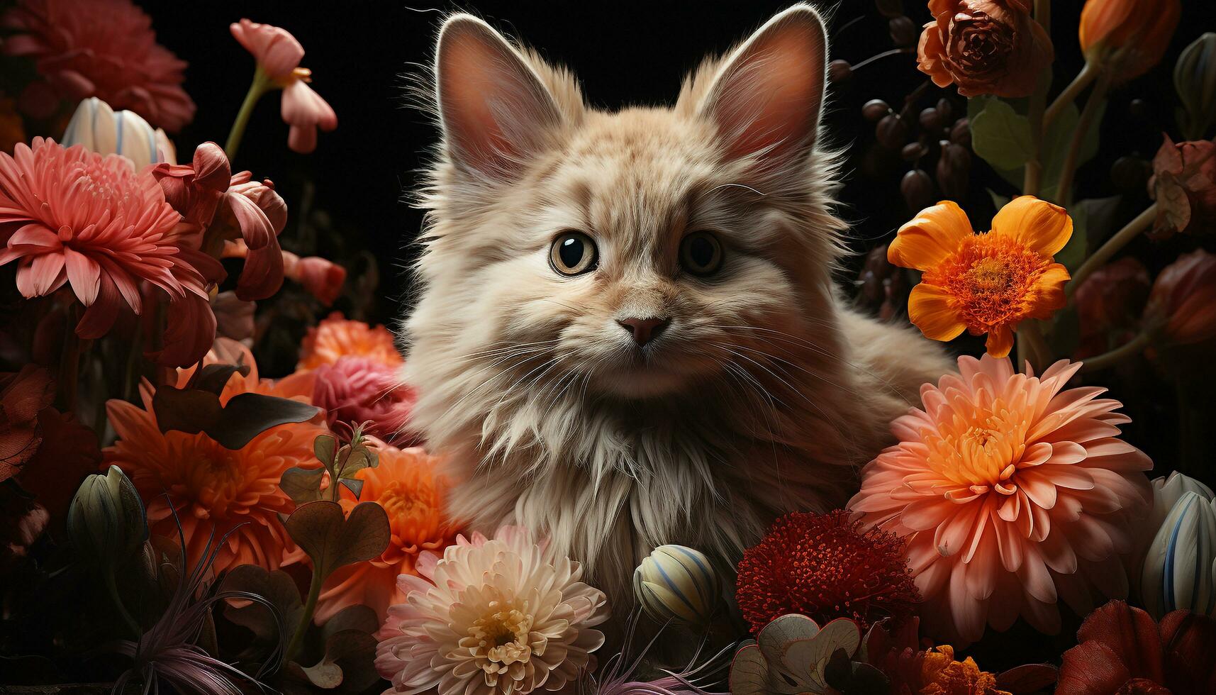 Cute kitten sitting, looking at flower, fluffy puppy close up generated by AI photo