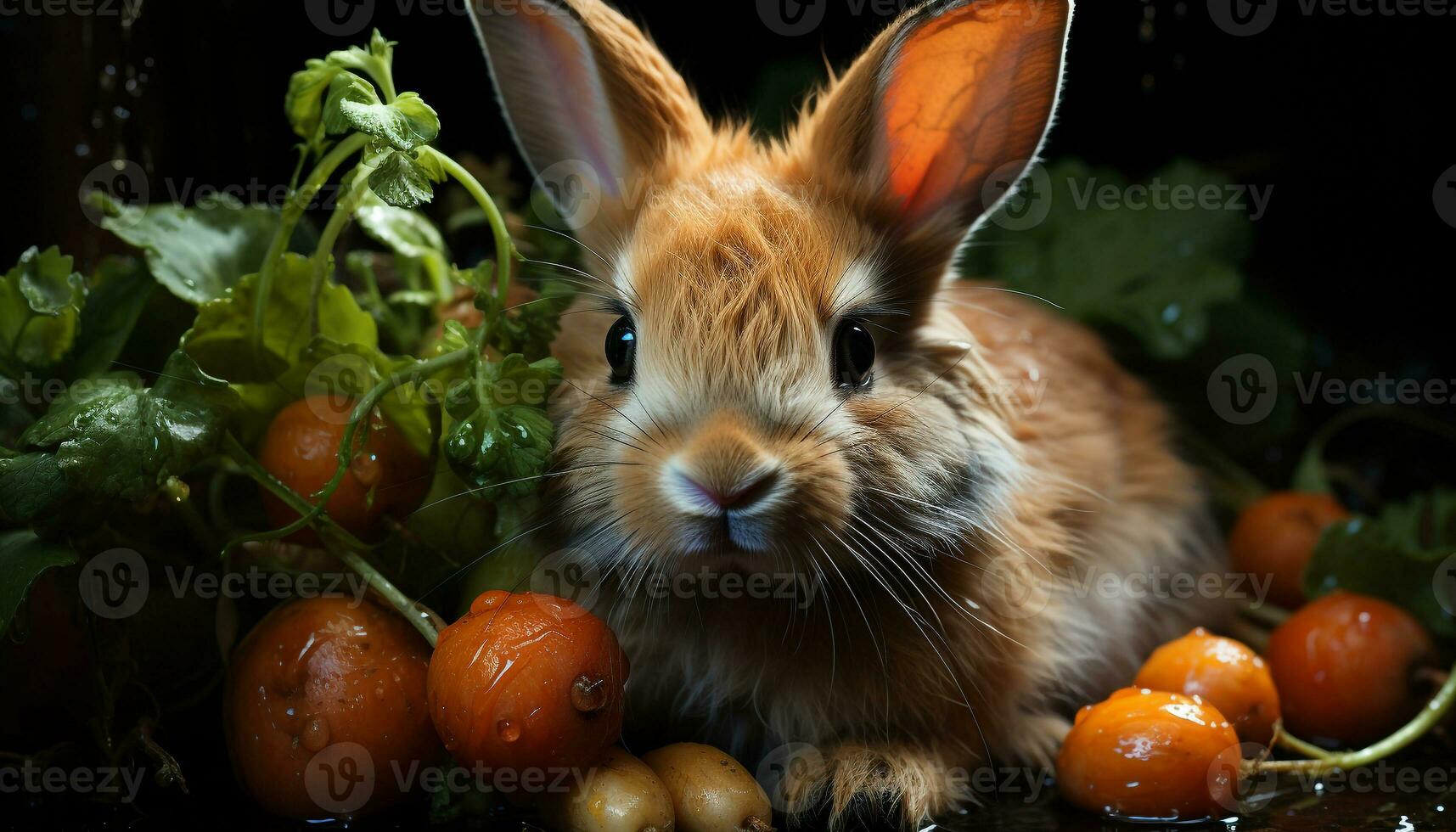 Cute baby rabbit eating carrot in nature fresh celebration generated by AI photo