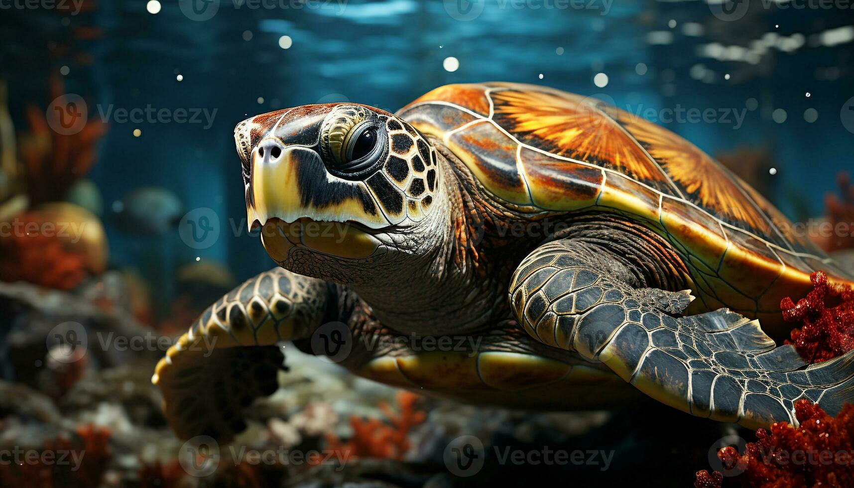 en peligro de extinción mar Tortuga nadando en tropical azul aguas generado por ai foto