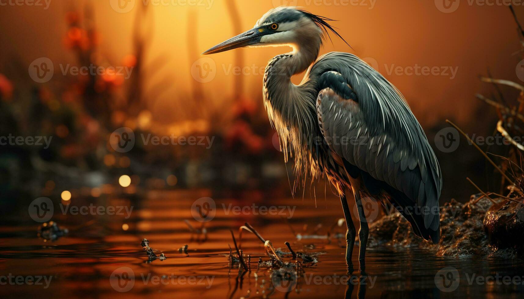 Gray heron standing in water, reflecting the beauty of nature generated by AI photo