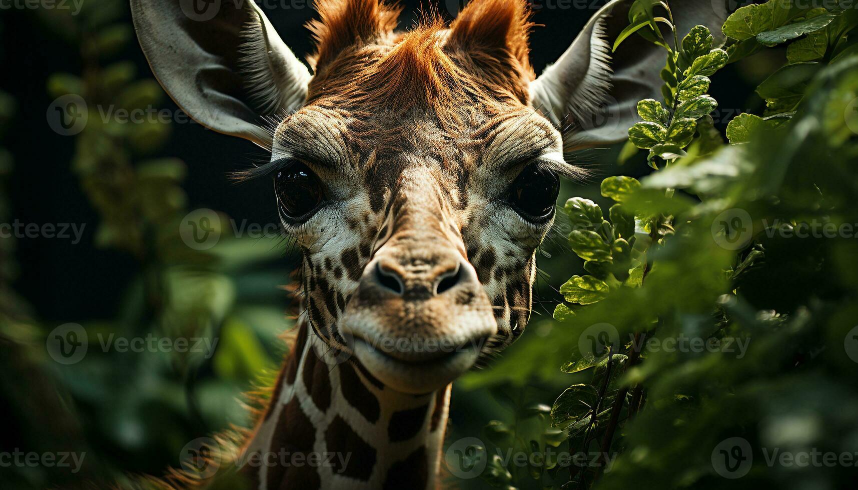 jirafa en pie en césped, mirando a cámara, África belleza generado por ai foto