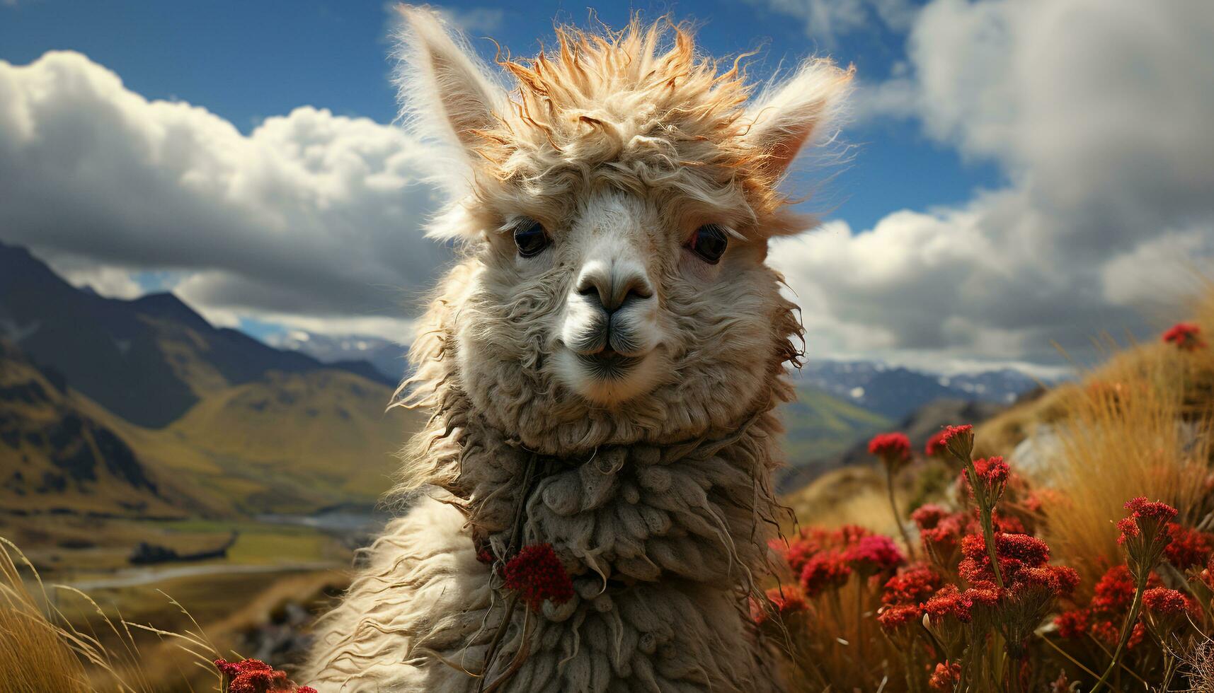 Cute alpaca grazing on green meadow, fluffy fur, rural landscape generated by AI photo