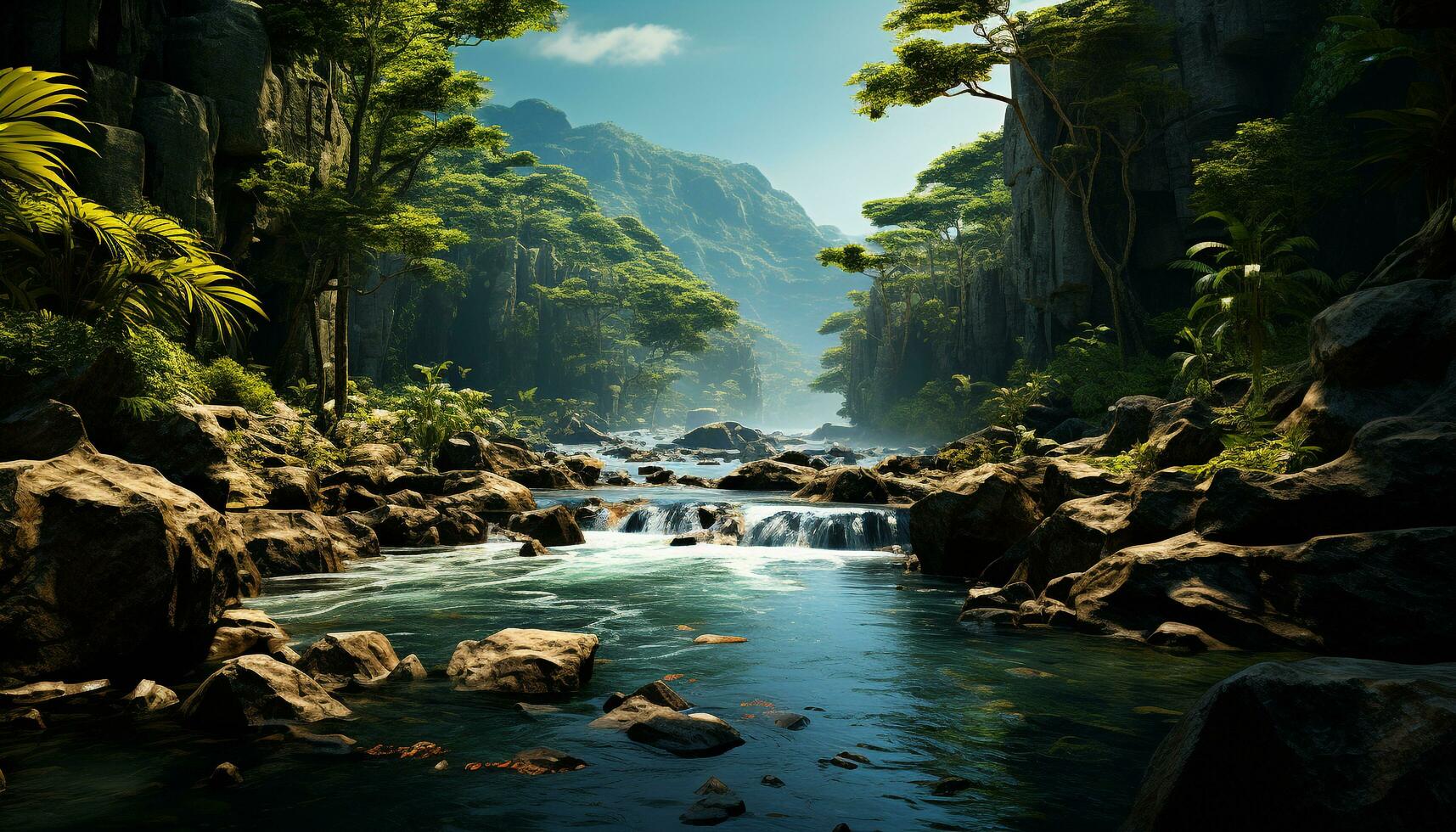 tranquilo escena de un tropical selva, fluido agua, y verde follaje generado por ai foto