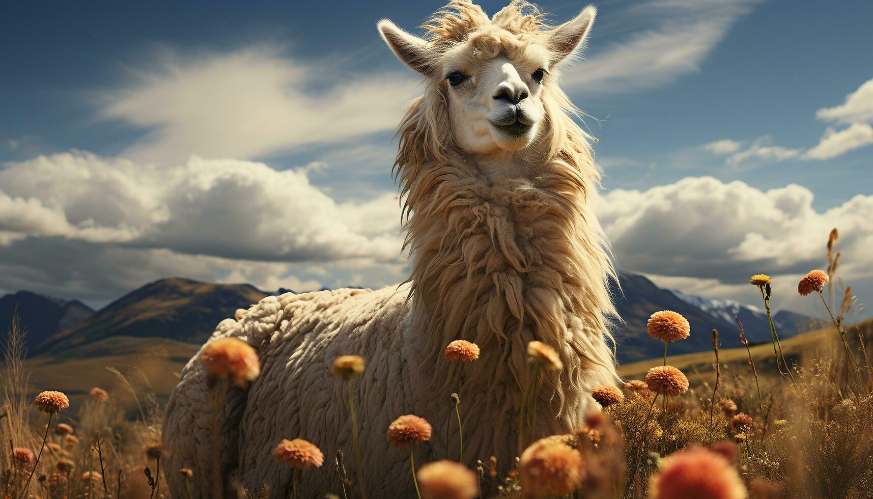 Fluffy alpaca grazes on meadow, surrounded by beautiful mountain landscape generated by AI photo